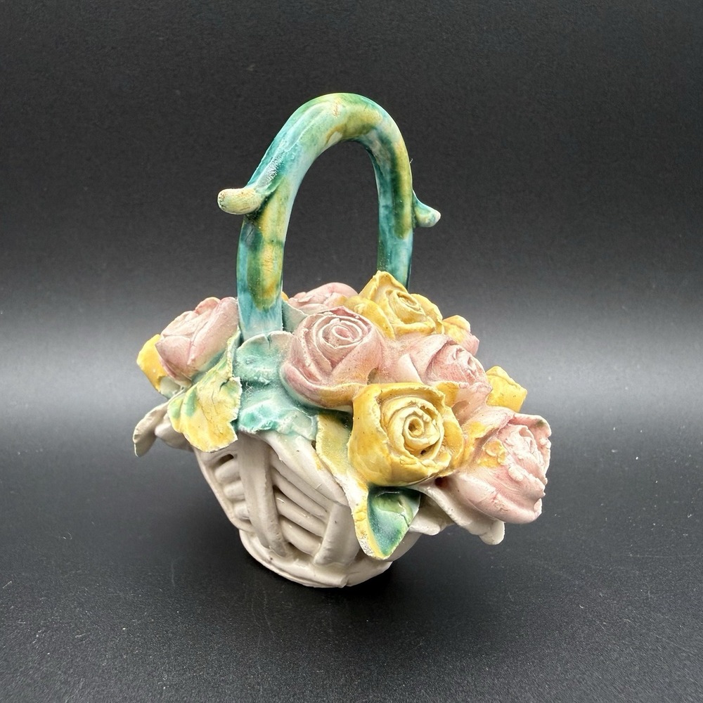 Vintage Italian Capodimonte Style Ceramic Floral Basket Hand Painted Figurine